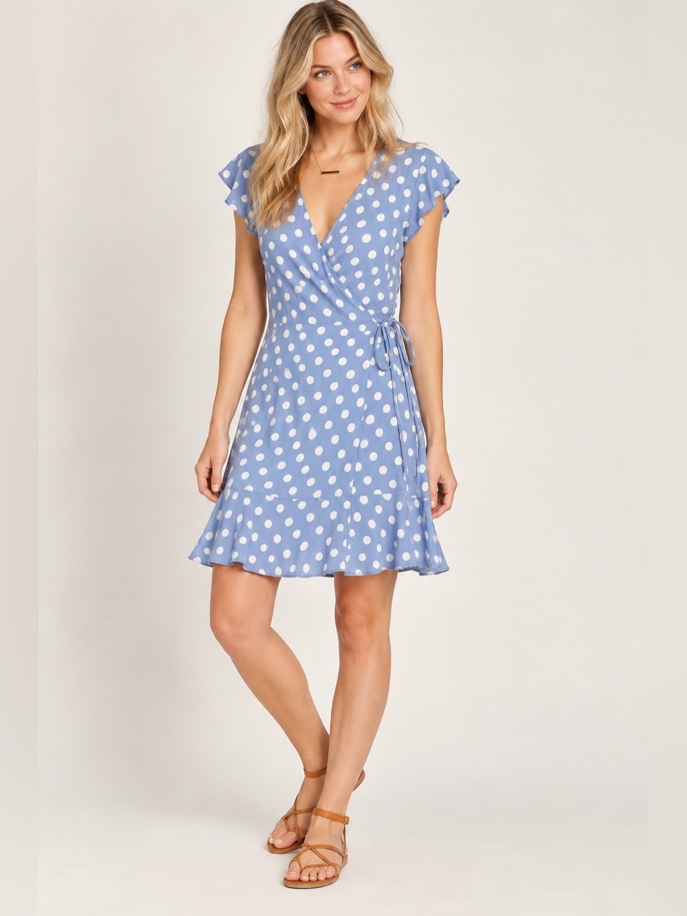 Rails Leanne Dusty Blue White Polka Dot Ruffle Trim Wrap Tie Dress Size S